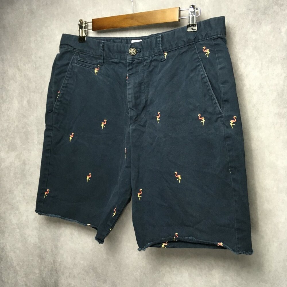 Gap Mens Shorts size 32 Blue Chino Flamingo Embroidery Flat Front Rough‎ Hem